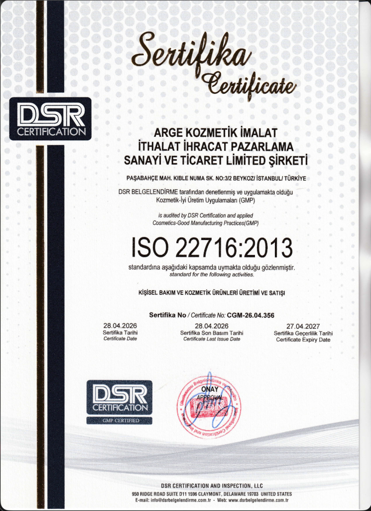 GMP:ARGE Kozmetik ISO 22716 GMP Belgesi