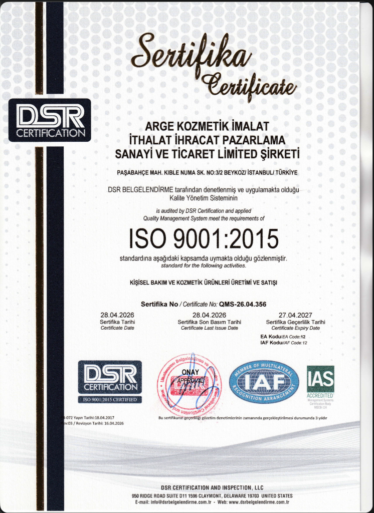 ISO 9001:ARGE Kozmetik ISO 9001 Kalite Yönetim Sertifikası