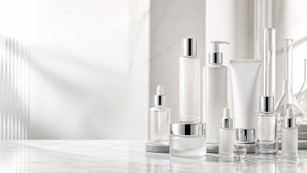 premium cilt bakım ürünleri serum ve krem şişeleri beyaz arka plan