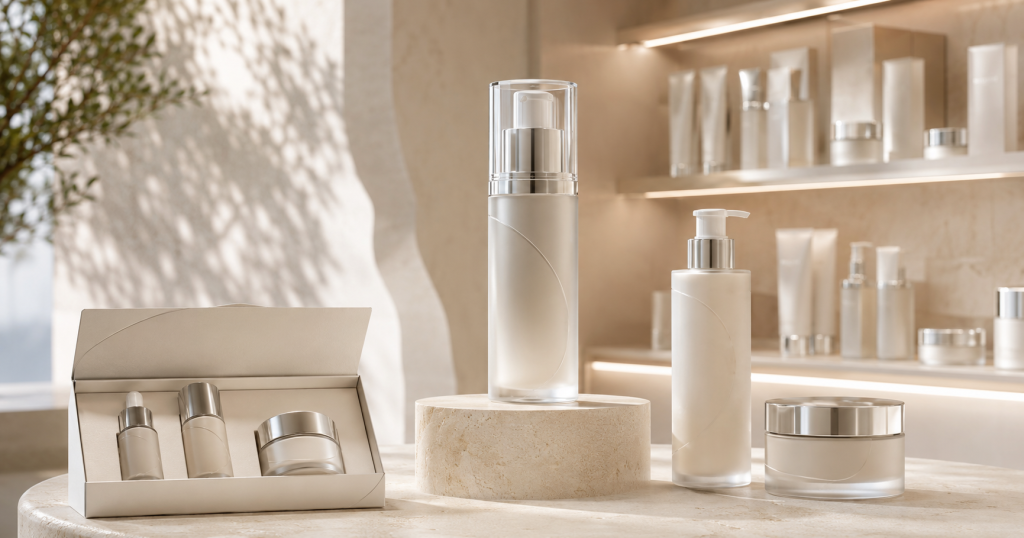 Premium kozmetik markası ürün mimarisi için private label kozmetik üretim sürecini temsil eden modern kozmetik ambalajları ve şişeler.