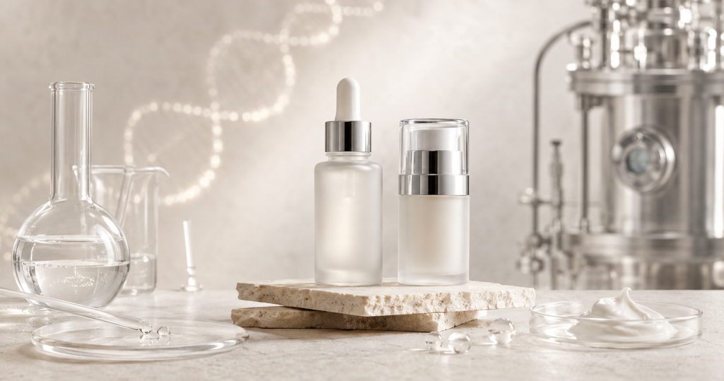 PDRN kozmetik formülü geliştirme sürecini temsil eden serum şişeleri ve modern kozmetik laboratuvarı