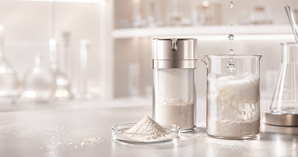 Suyla aktive olan toz kozmetik ve powder-to-foam ürün geliştirme