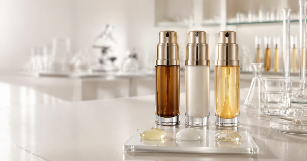 Kozmetik laboratuvarında serum şişeleri, beyaz ürün ambalajları ve cam laboratuvar ekipmanları